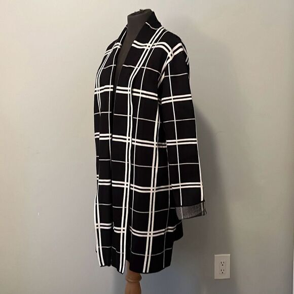 Premise Studio Women's Black White Plaid Open Front Knitted Cardigan Size XL - Picture 3 of 8